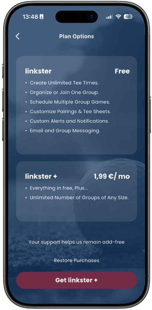 Linkster plan options screen